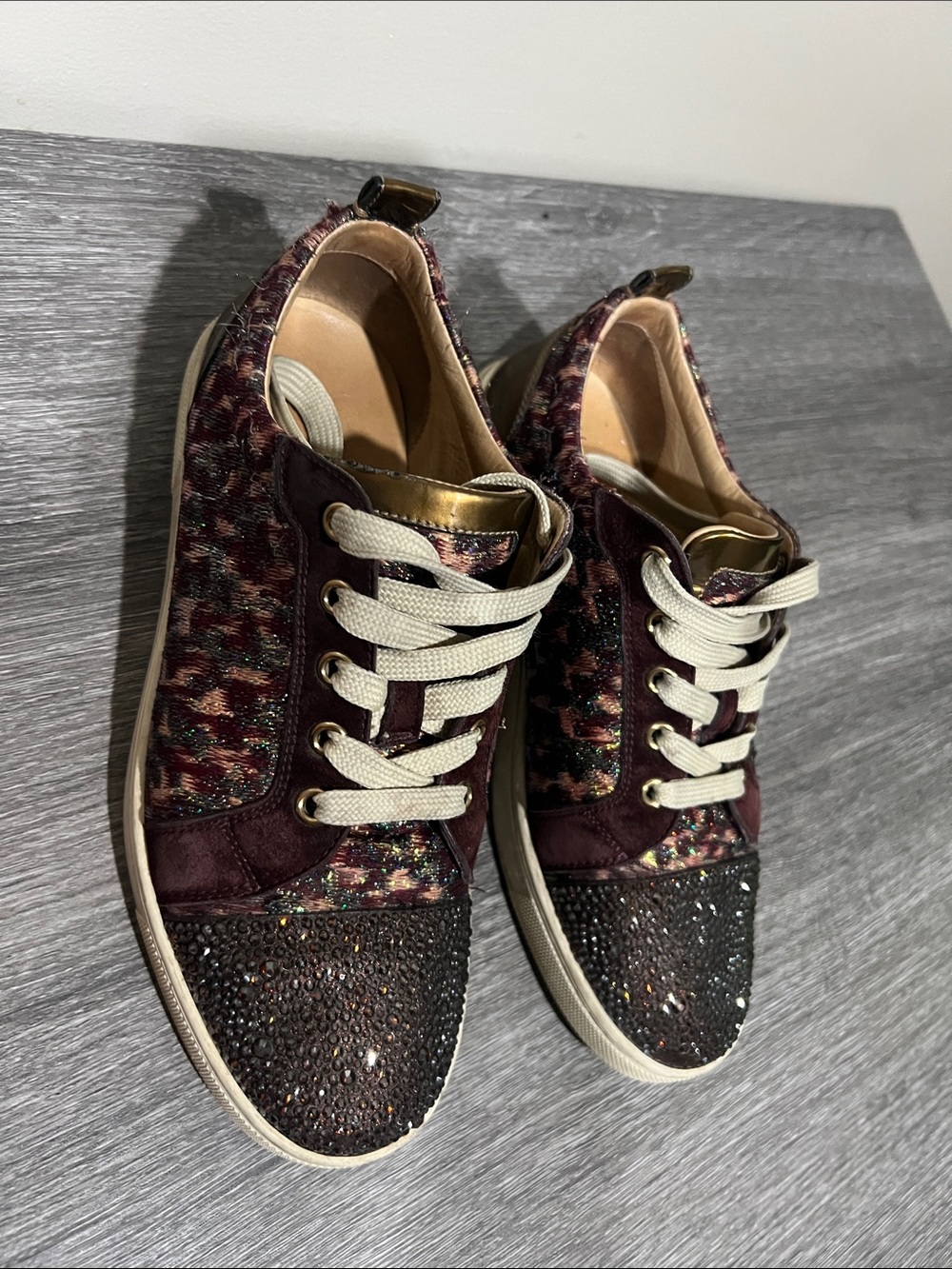 Christian Louboutin Embellished Tweed Low-Top Sneakers in Burgundy and brown - Picture 4 of 7